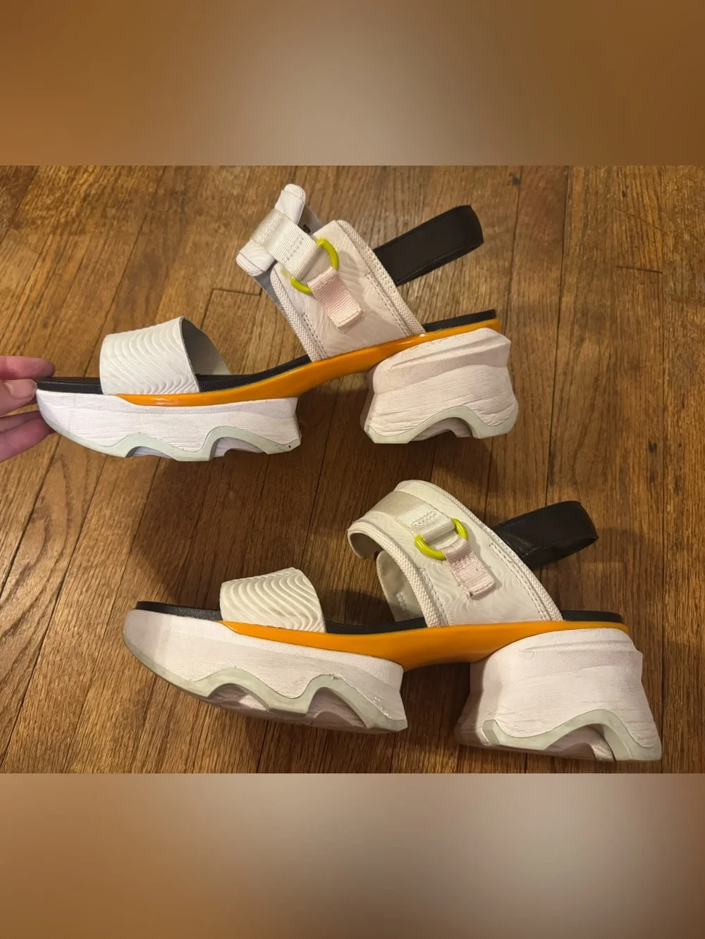 Sorel Kinetic White Platform Sandals with Black Footbed